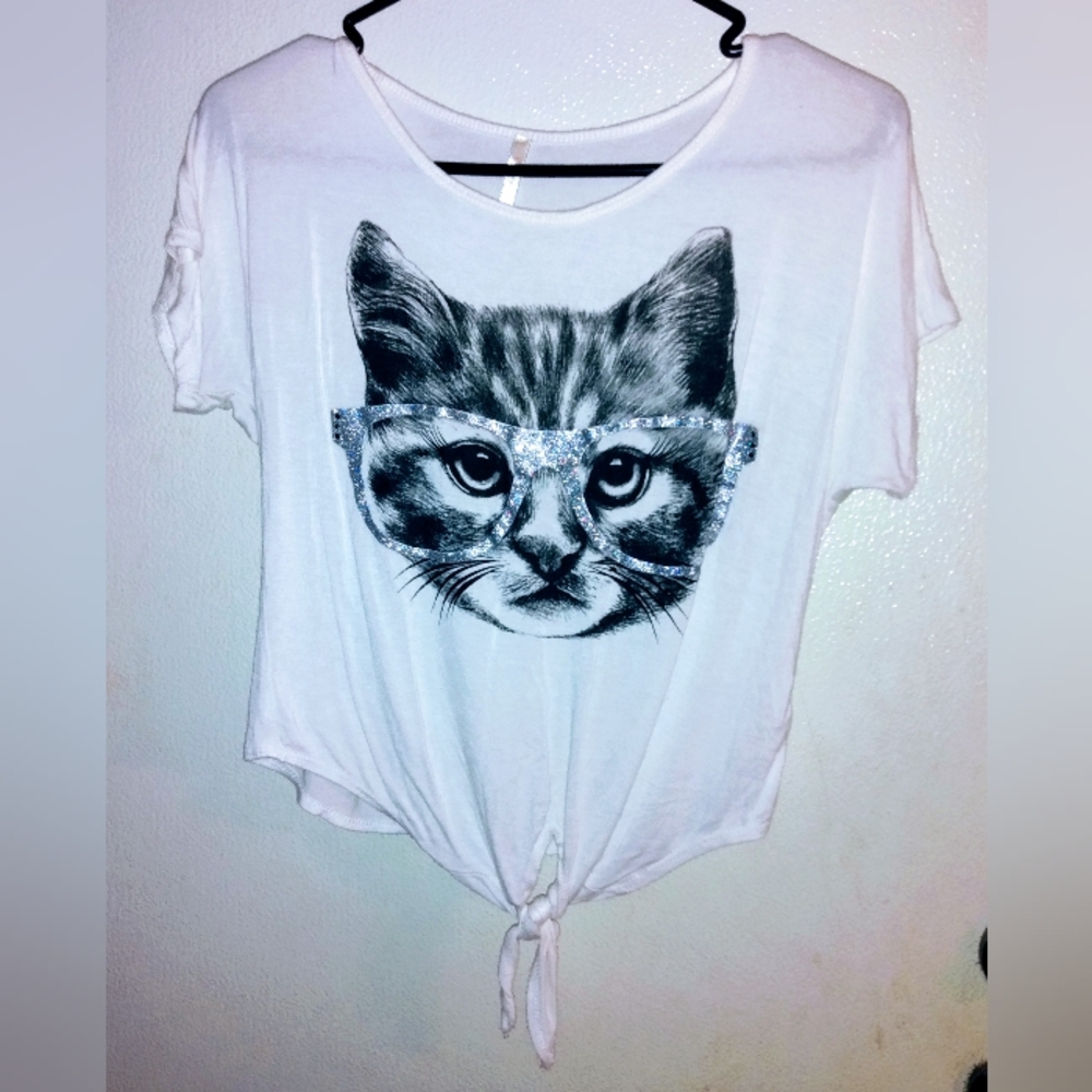 Girl's Cute Glitter Cat Cutoff Top with Front Tie - Large - Off-White